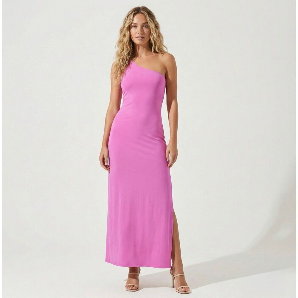 NWOT Susana Monaco Pink One Shoulder Maxi Dress Small Stretch Wedding Guest